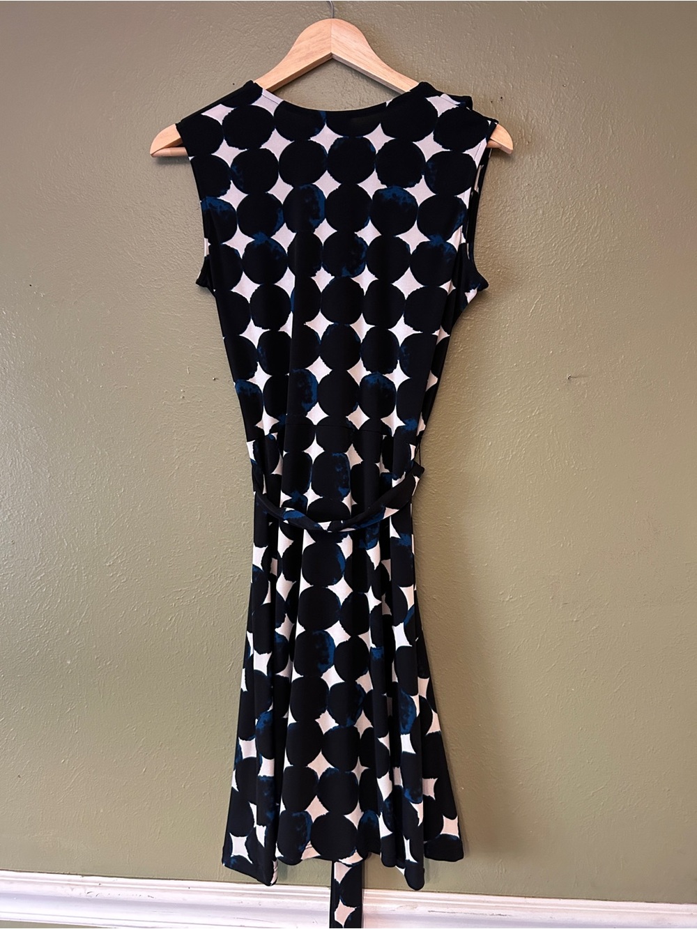 Leota Sleeveless Professional Black, White, Blue  Polka Dot Faux Wrap Dress - Picture 4 of 7